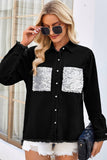 2024 LOOSE RAW EDGE SEQUIN POCKET DENIM SHIRT TOP_CWTSTL1065