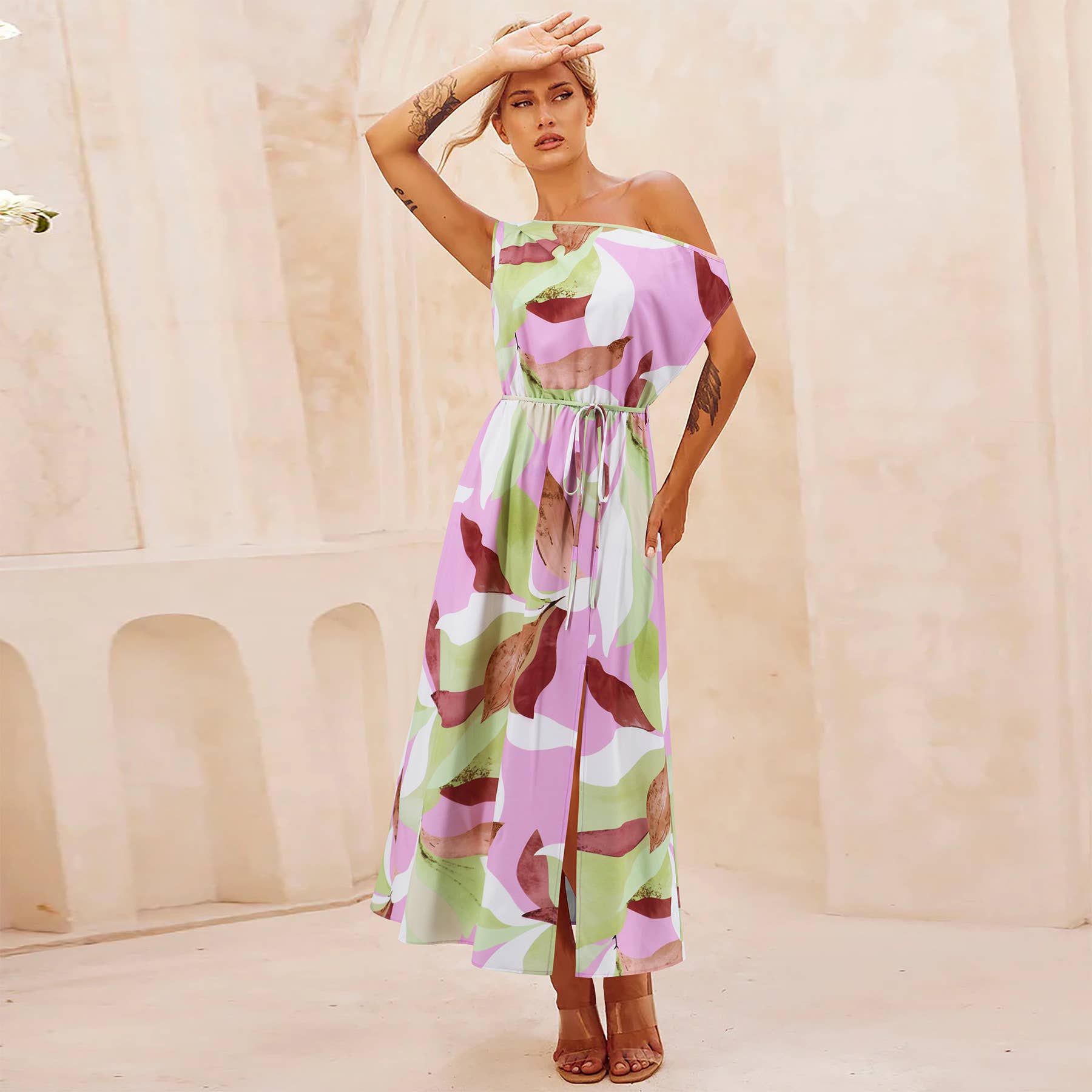 CONTRASTING PRINT DRESS WITH SLOPING SHOULDERS_CWDMD1666