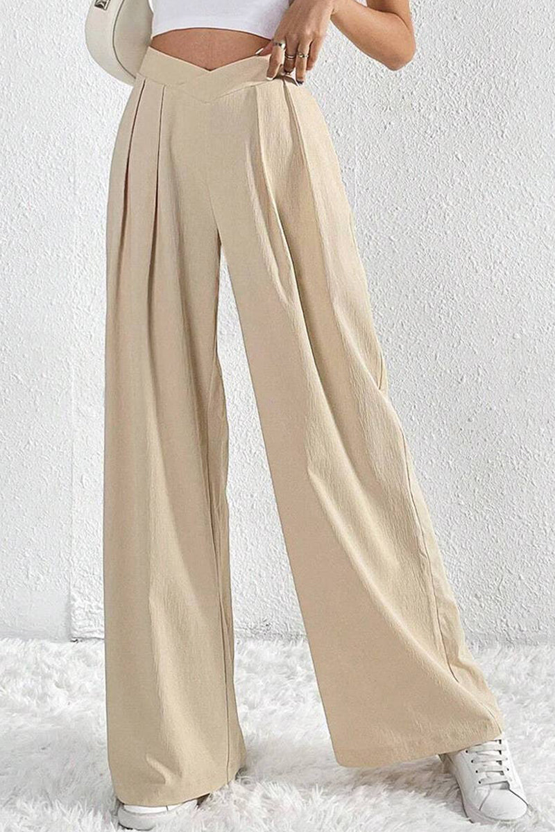 ASYMMETRICAL WAIST PLEATS CASUAL WIDE LEG SLACKS_CWBLP0603