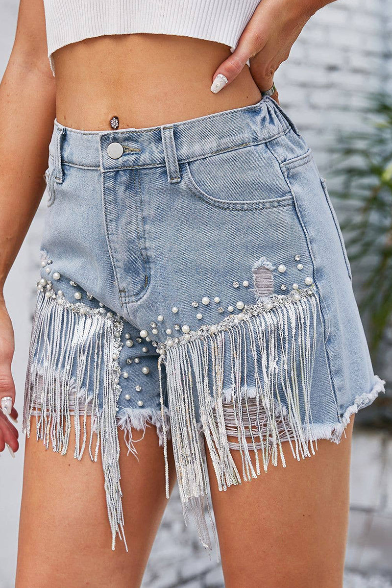 DIAMOND STUDDED AND BEADED DENIM SHORTS_CWJS0228