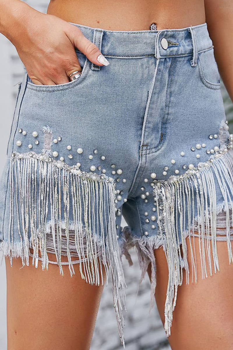 DIAMOND STUDDED AND BEADED DENIM SHORTS_CWJS0228