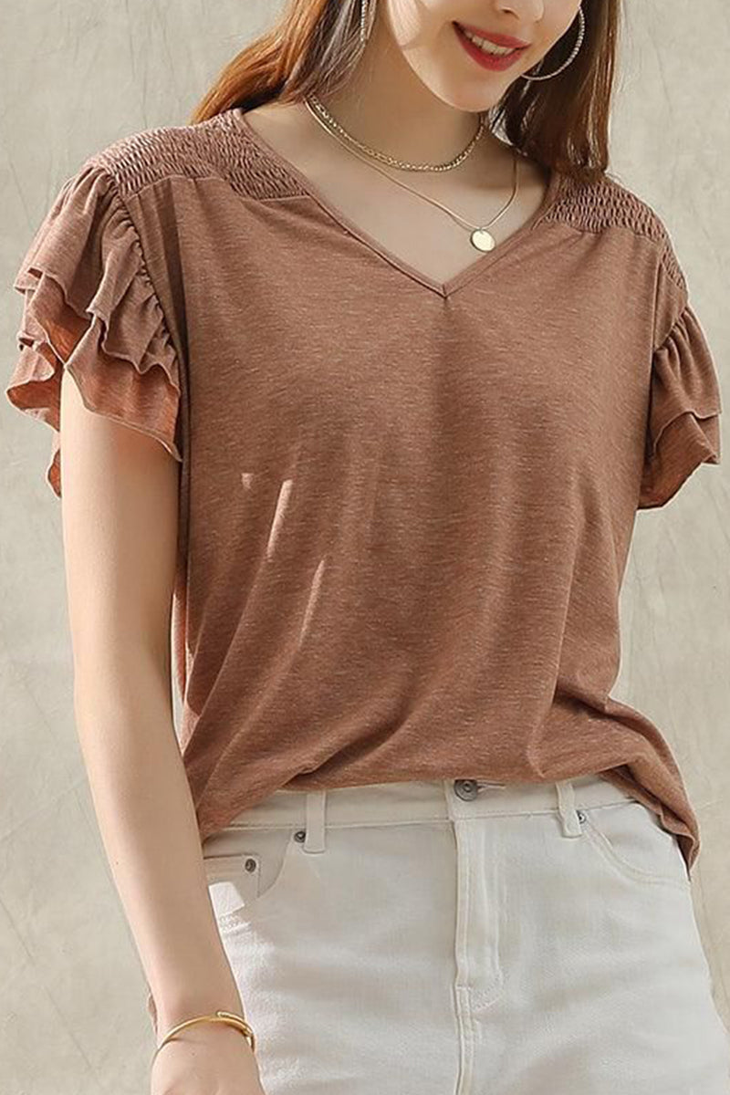 SMOKED SHOULDER RUFFLED SHORT SLEEVE TEE