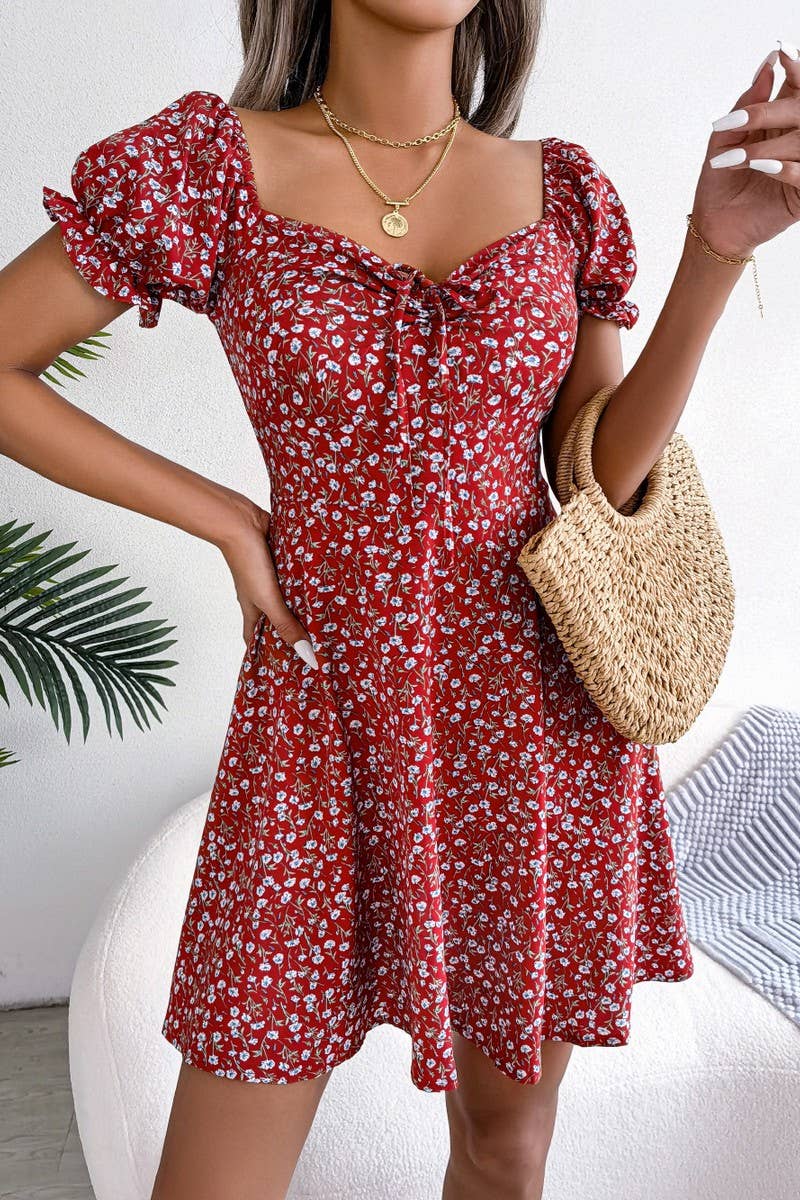 CASUAL TRUMPET SLEEVE DRAWSTRING FLORAL DRESS_CWDSD2555