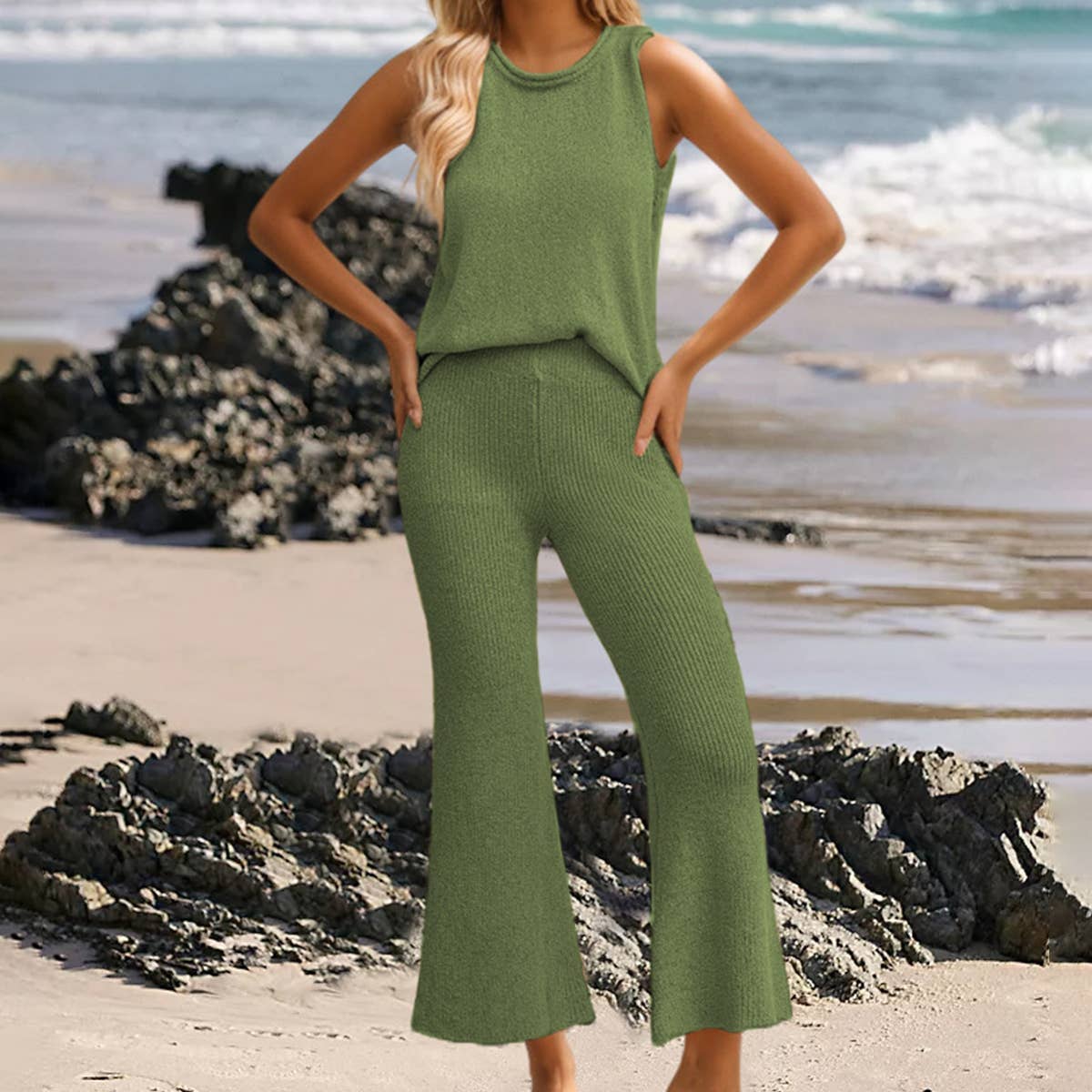 CASUAL KNIT ROUND NECK SLEEVELESS BELL BOTTOM SUIT_CWSTB0488