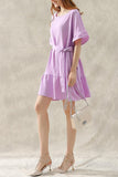 ROUND NECK WAIST BOW TIE RUFFLE SHORT DRESS