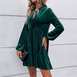 BUBBLY LONG SLEEVED V NECK LACE UP VELVET DRESS_CWDSD3235