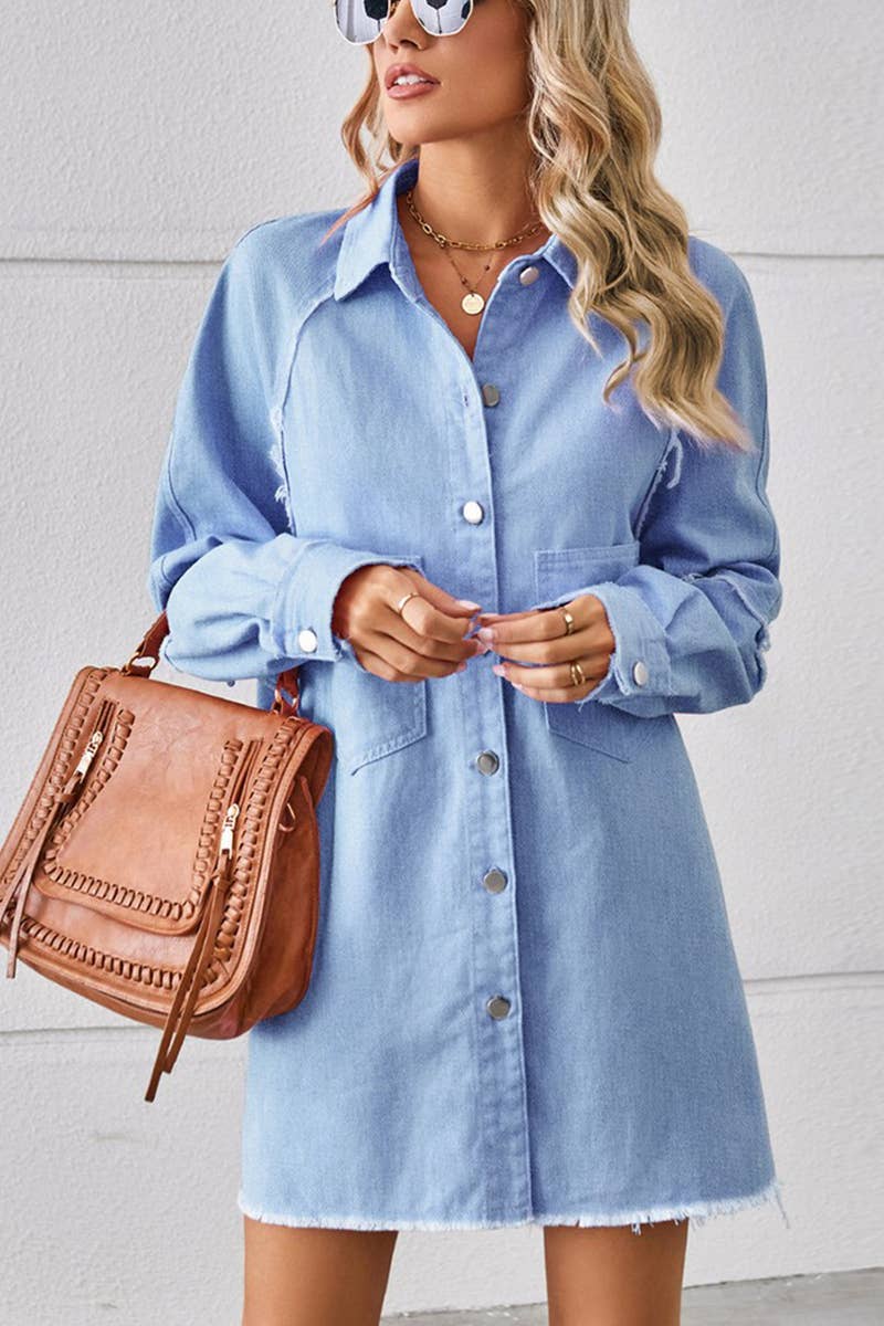 2024 RAW EDGE CARDIGAN DENIM PATCHWORK SHIRT DRESS_CWDSD2577