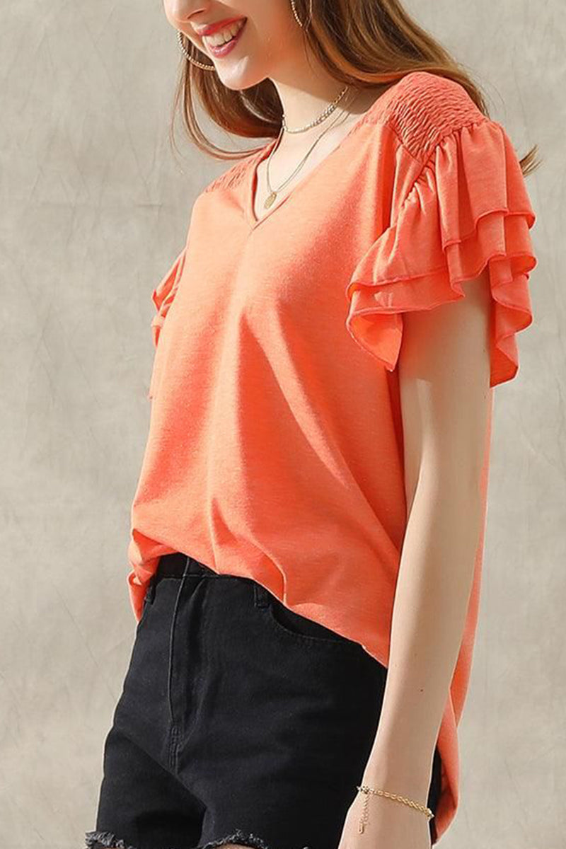 SMOKED SHOULDER RUFFLED SHORT SLEEVE TEE