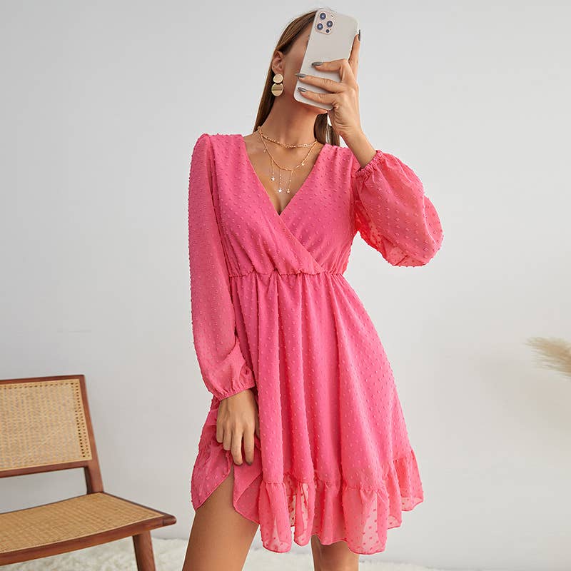 DEEP V LANTERN SLEEVE RUFFLED DRESS_CWDSD3950