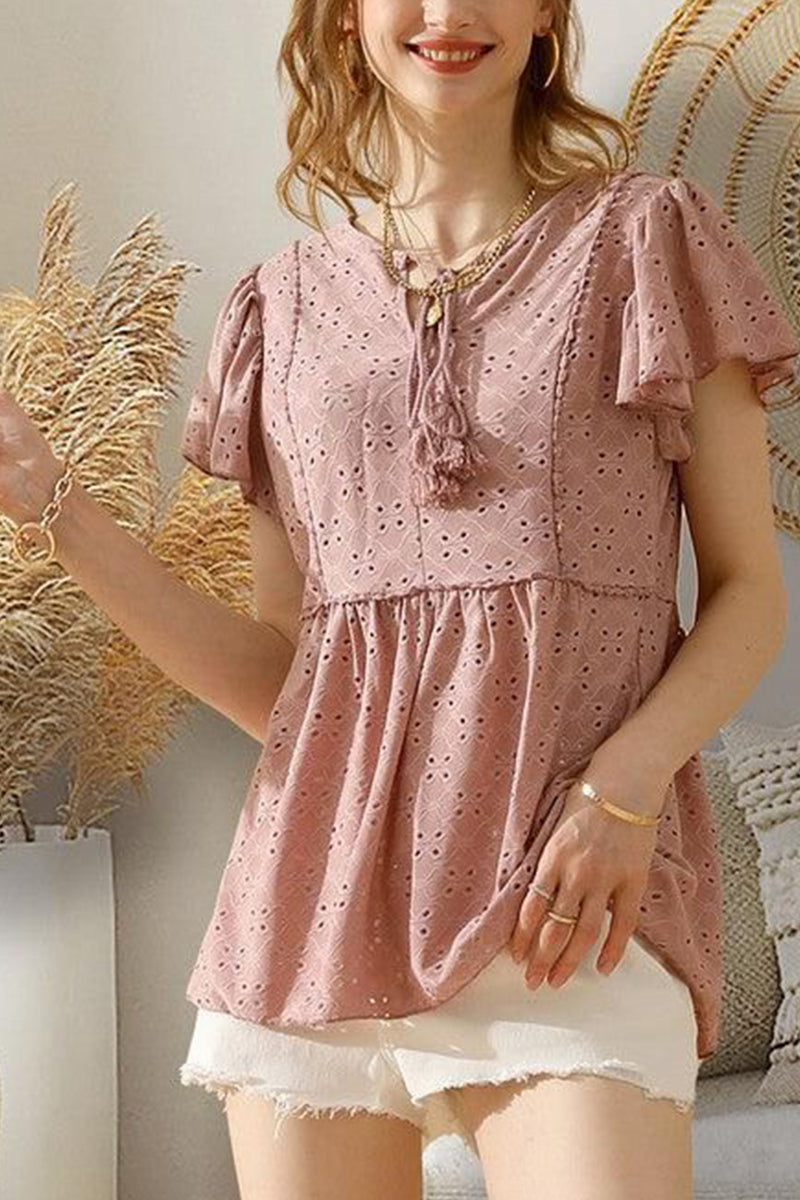 RUFFLED SLEEVE TIE NECK TUNIC TOP