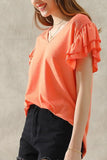 SMOKED SHOULDER RUFFLED SHORT SLEEVE TEE