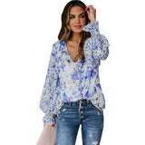 DEEP V FLORAL LANTERN SLEEVE BLOUSE_CWTBLL0788