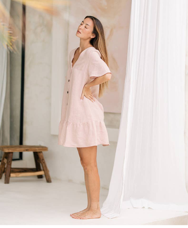 COTTON AND LINEN V-NECK SINGLE-BREASTED DRESS_CWDSD4144