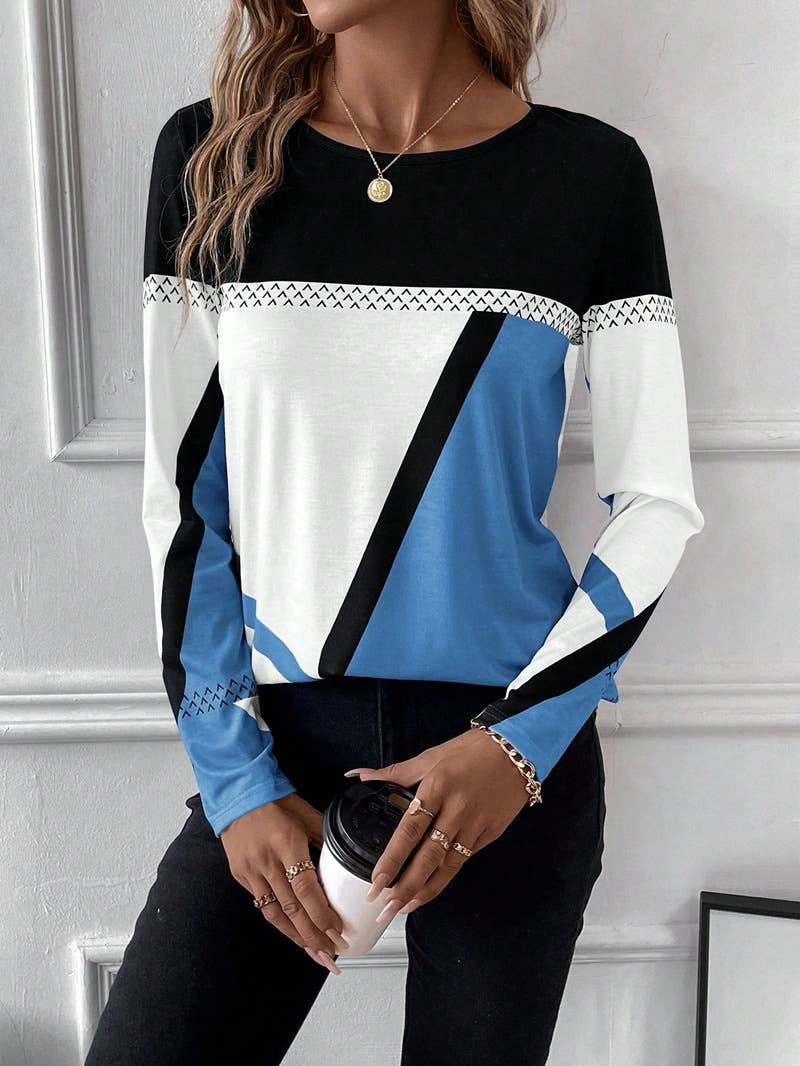 COLOR CONTRAST PATCHWORK GEOMETRIC PRINT BLOUSE_CWTBLL0914