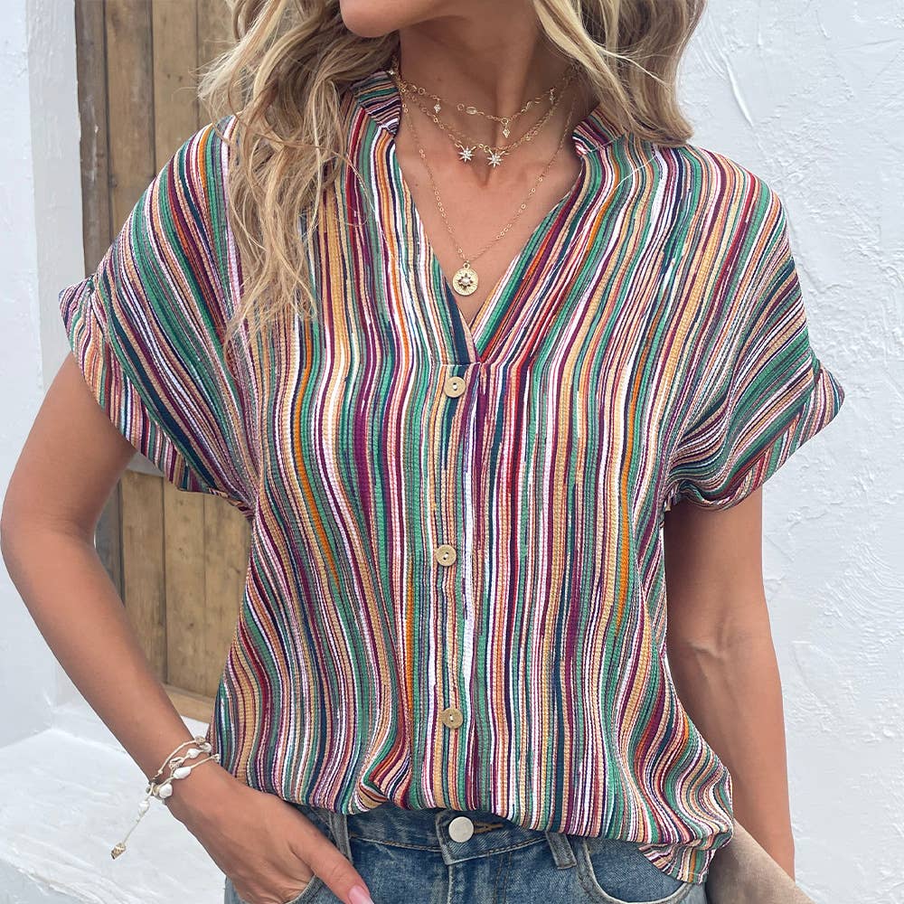 COLORFUL STRIPED BUTTON-UP SLEEVED BLOUSE_CWTSTS0413