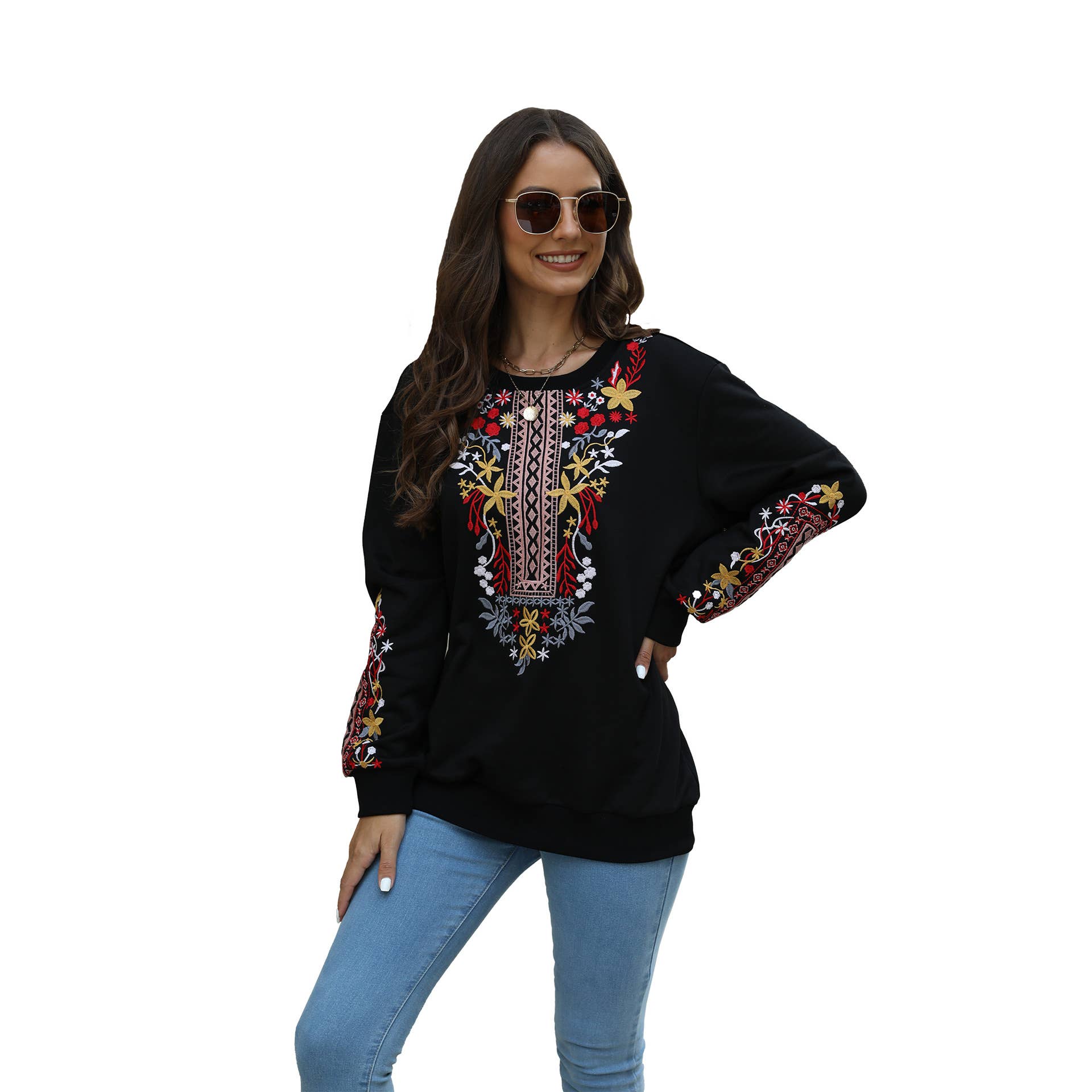 COTTON PLUS-SIZE V-NECK ETHNIC EMBROIDERED HOODIE_CWTBLL0826