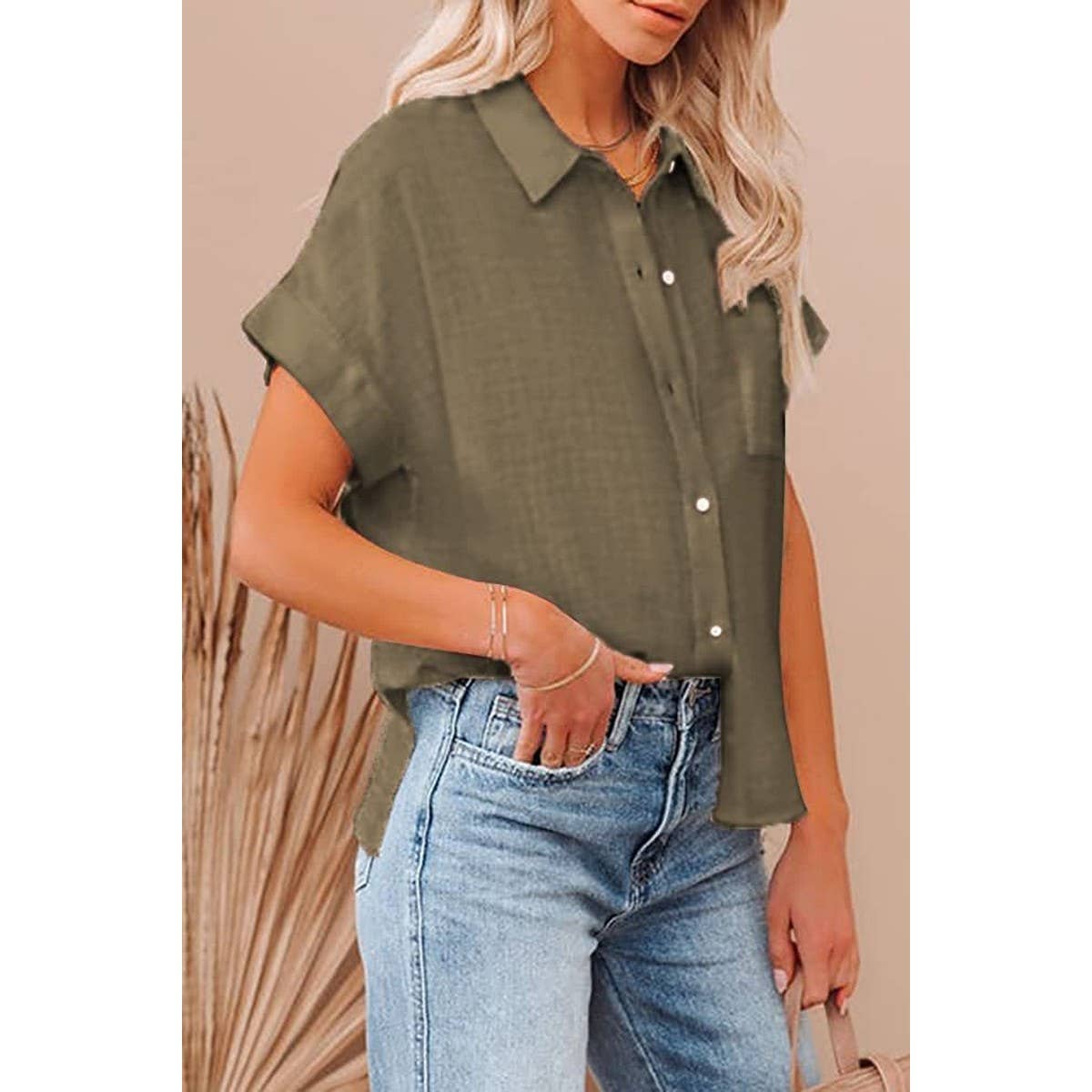 COTTON LINEN SIDE SLIT POCKET SHORT SLEEVED SHIRT_CWTDSS0015