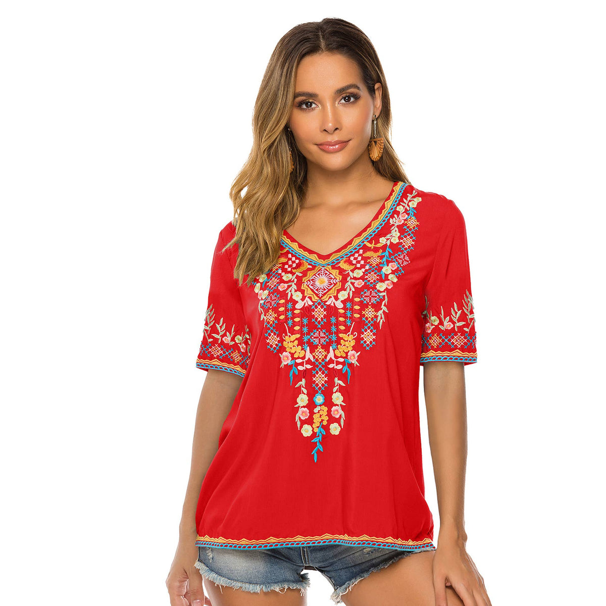 COTTON PLUS-SIZE V-NECK ETHNIC EMBROIDERED BLOUSE_CWTBLS0662