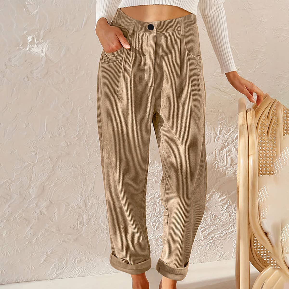 CORDUROY HIGH WAISTED STRAIGHT LEG PANTS_CWBLP0643