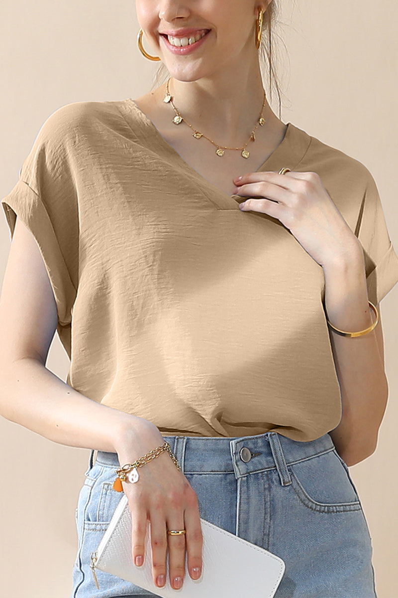 WOMENS V NECK TRIM ROLLED SHORT SLEEVE BLOUSE TOP