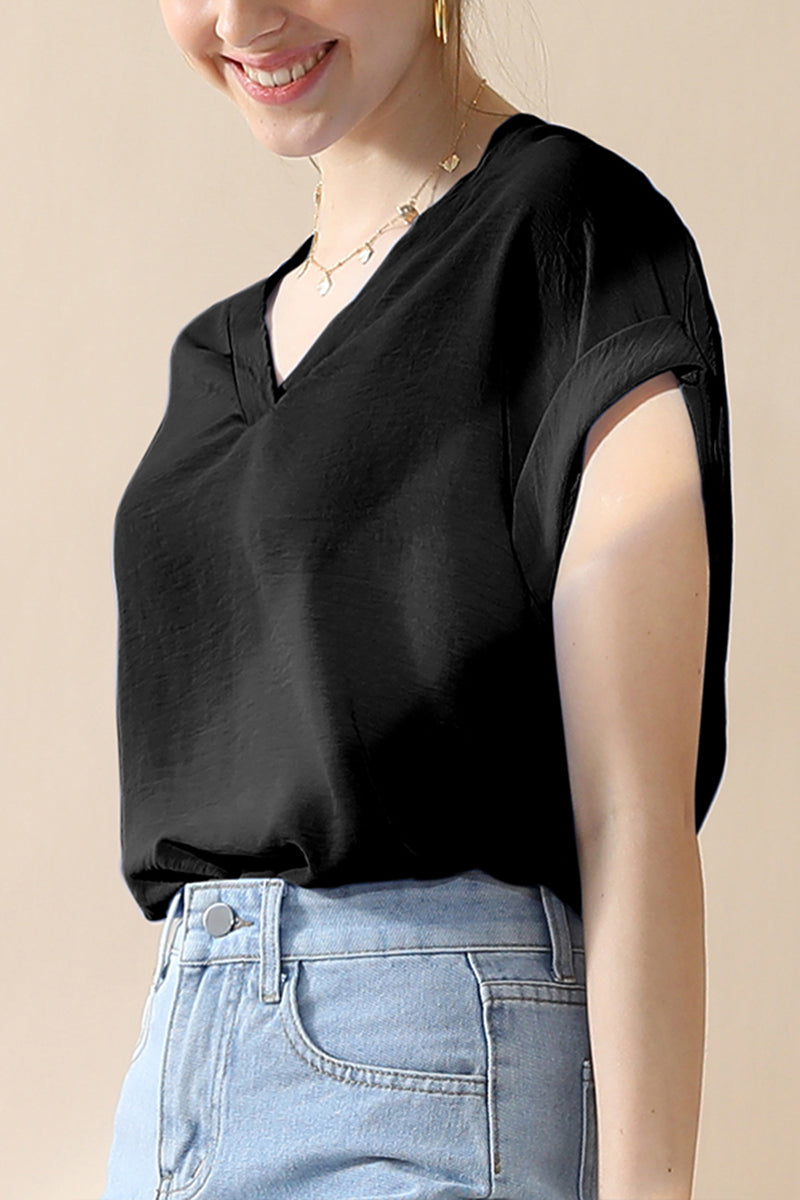 WOMENS V NECK TRIM ROLLED SHORT SLEEVE BLOUSE TOP