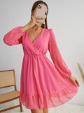 DEEP V LANTERN SLEEVE RUFFLED DRESS_CWDSD3950