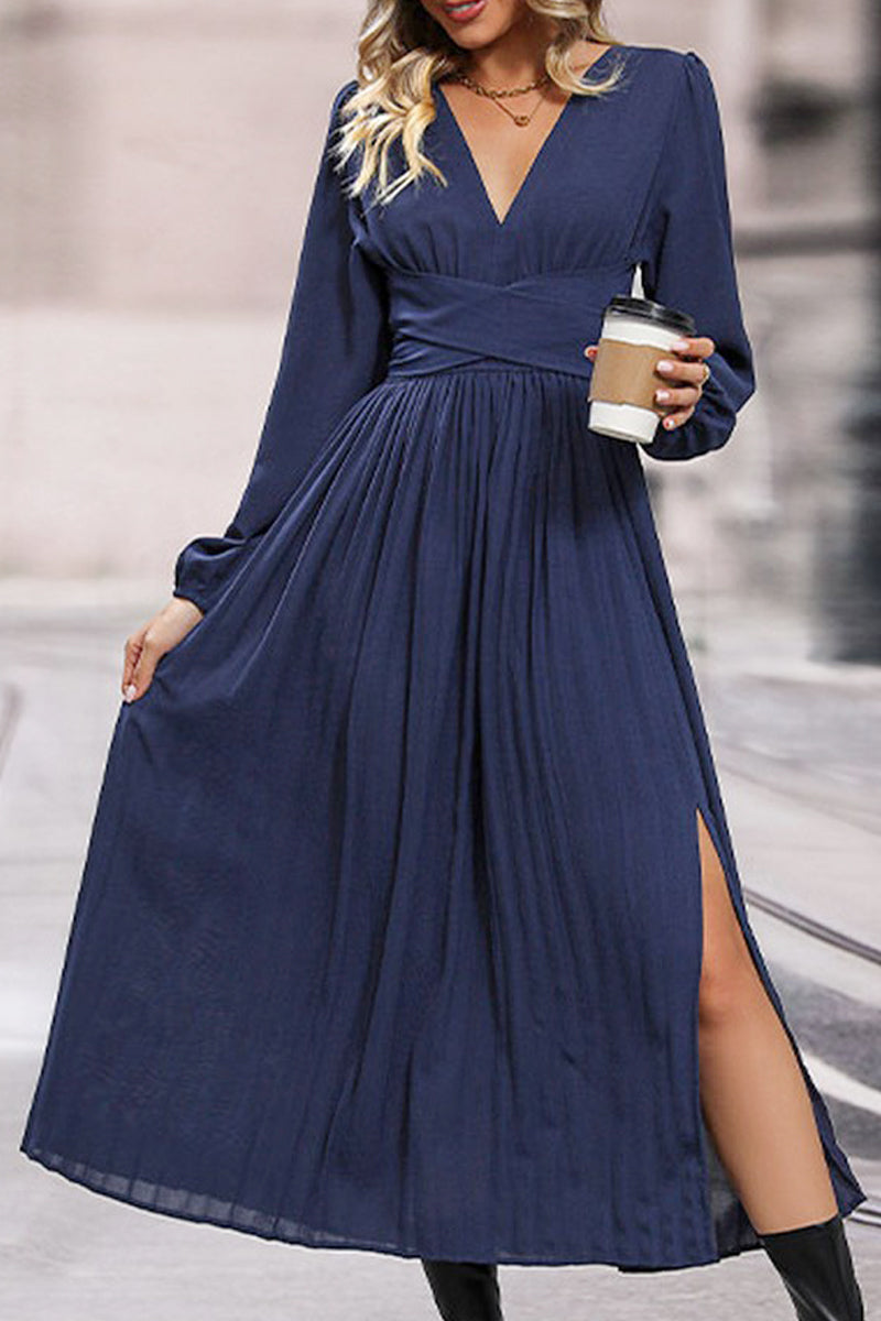 WOMEN LOOSE FIT V NECK LONG SLEEVE SLIT DRESS