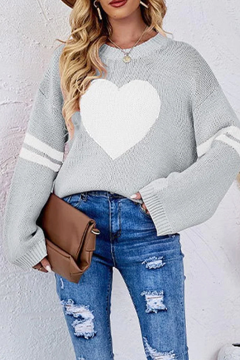 WOMEN OVERSIZED HEART PRINTING RIBBED PULLOVER TOP