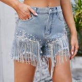 DIAMOND STUDDED AND BEADED DENIM SHORTS_CWJS0228