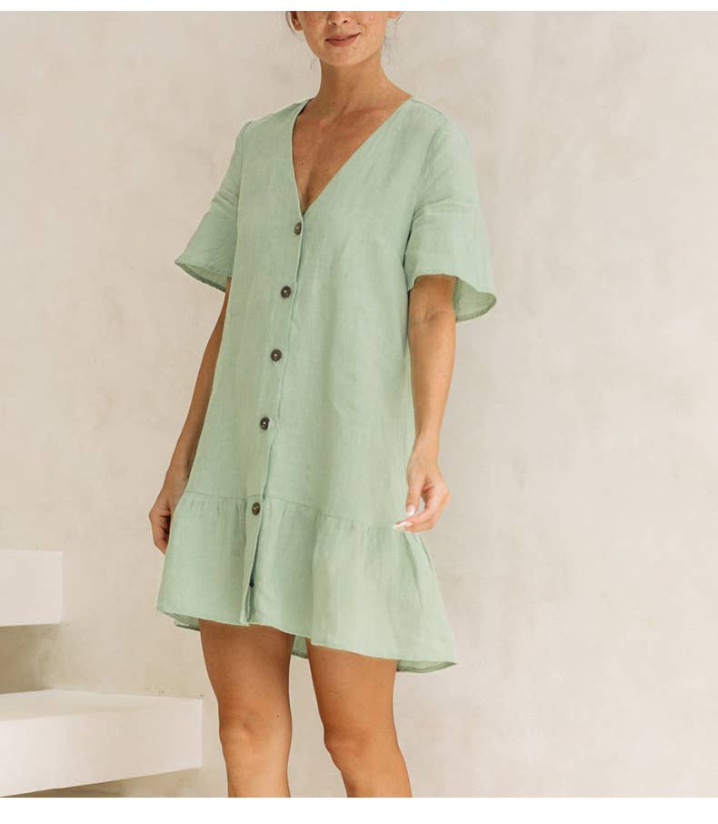 COTTON AND LINEN V-NECK SINGLE-BREASTED DRESS_CWDSD4144