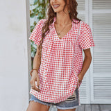 COTTON V-NECK PLAID BLOUSE_CWTBLS0485