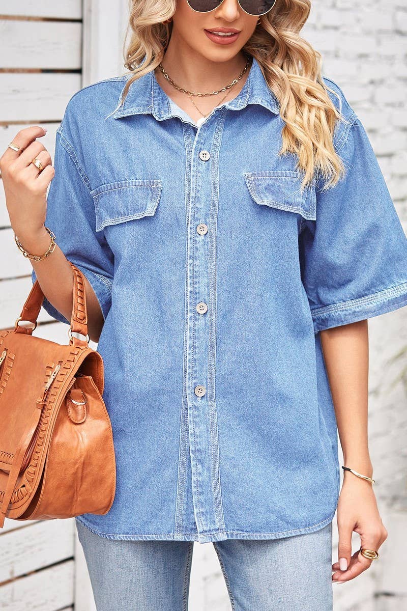 DENIM SINGLE BREASTED SHORT SLEEVE CASUAL SHIRT_CWTSTS0247