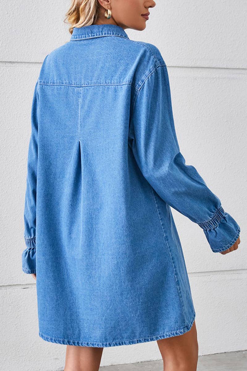 BELL SLEEVE LOOSE CARDIGAN DENIM SHIRT DRESS_CWDSD2576