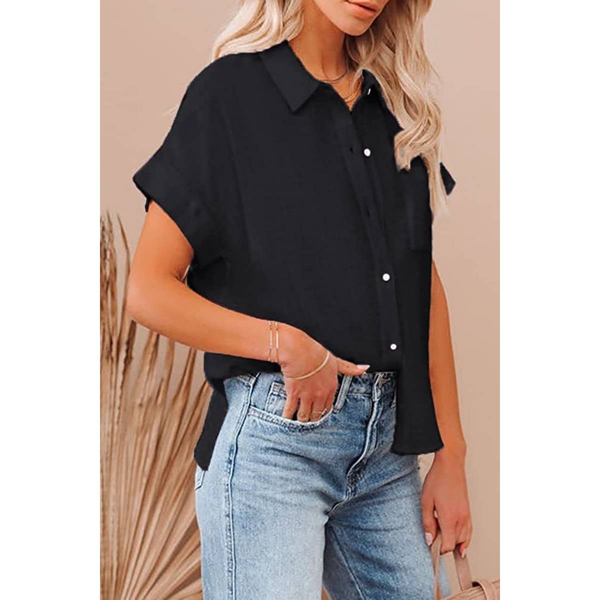 COTTON LINEN SIDE SLIT POCKET SHORT SLEEVED SHIRT_CWTDSS0015