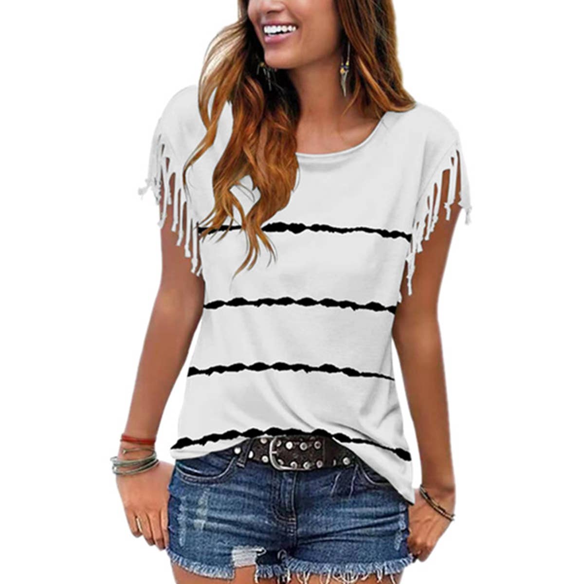 BURNT FLOWER FRINGE SHORT-SLEEVED BLOUSE_CWTBLSL0340