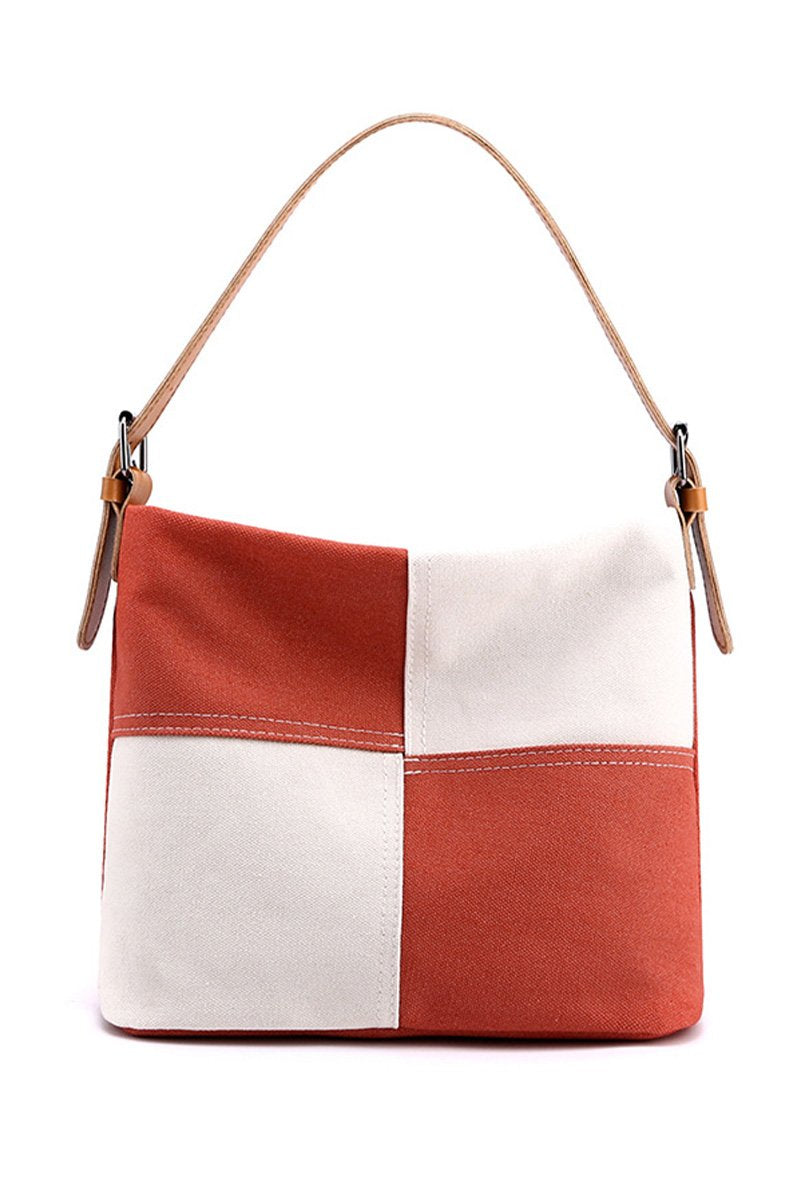 PLAID PATTERN LEATHER SHOULDER STRAP CANVAS BAG