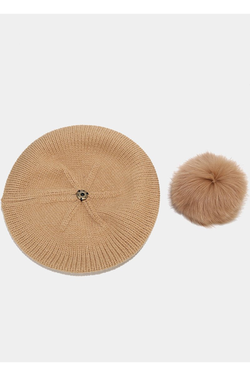 POMPOM DETAILED KNIT COZY CASUAL BERET HAT