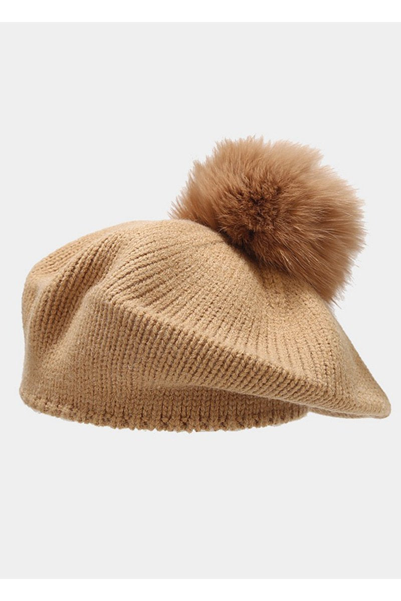 POMPOM DETAILED KNIT COZY CASUAL BERET HAT