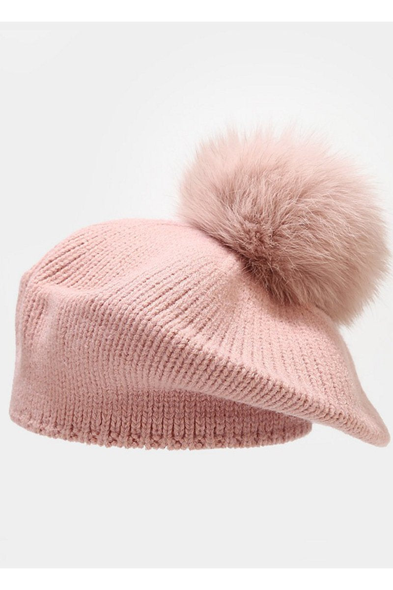 POMPOM DETAILED KNIT COZY CASUAL BERET HAT