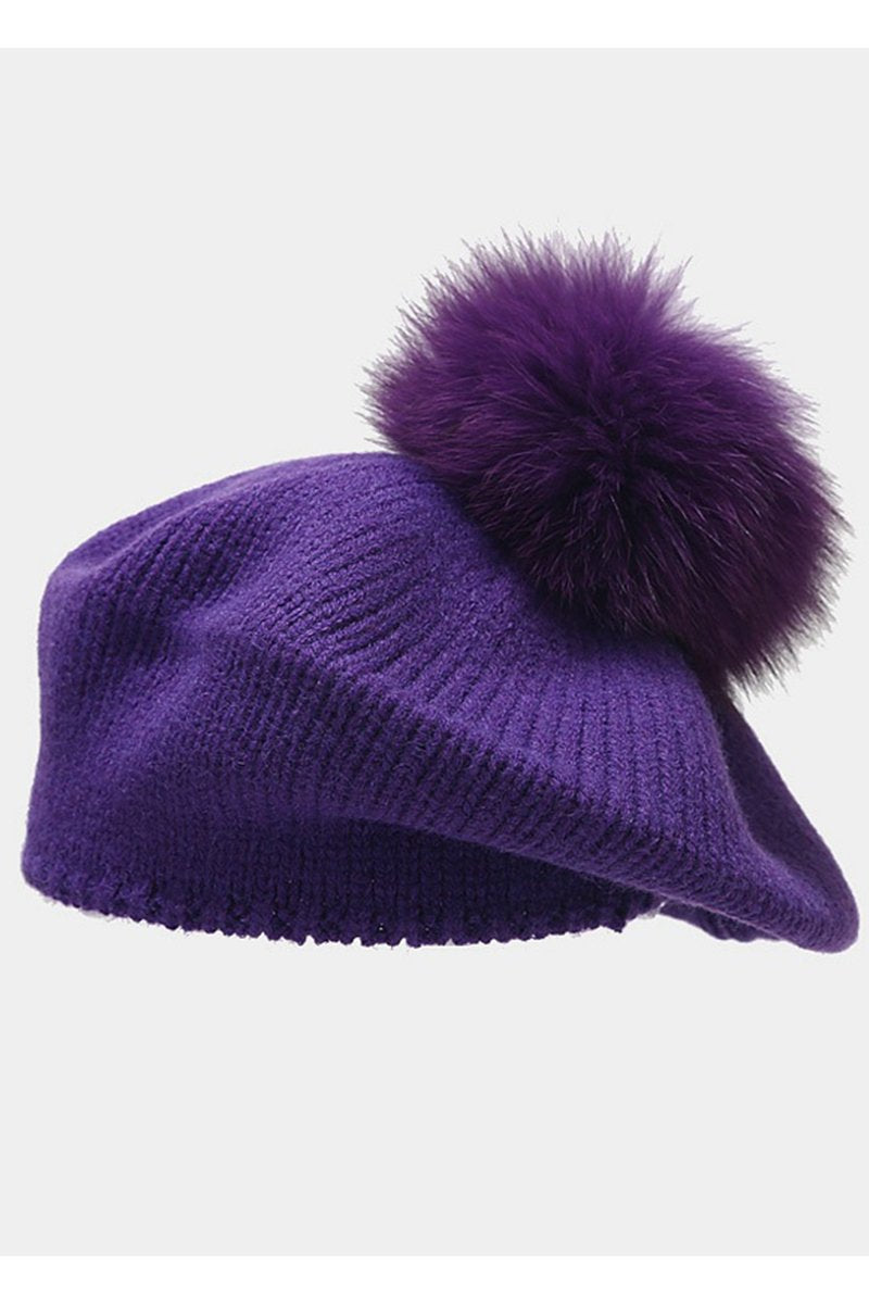 POMPOM DETAILED KNIT COZY CASUAL BERET HAT