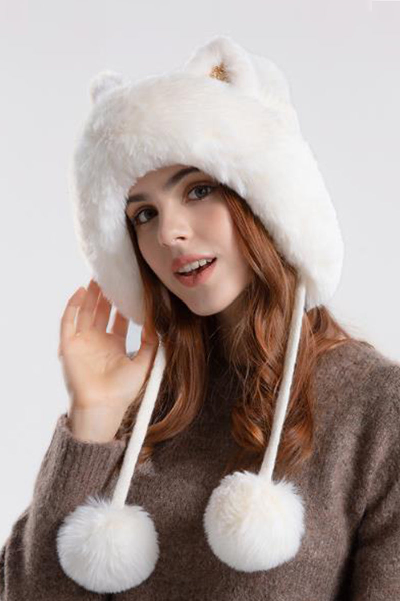 POMPOM CARTOON EAR DECOR FUZZY HAT