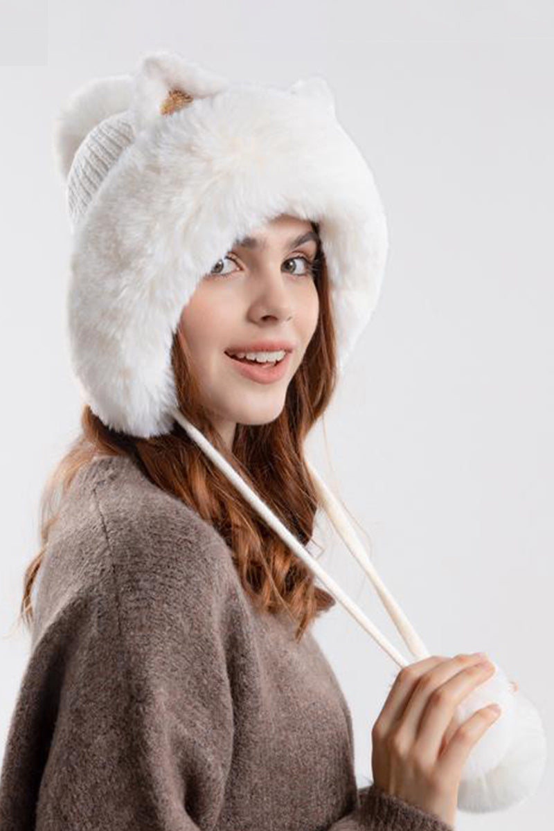 POMPOM CARTOON EAR DECOR FUZZY HAT