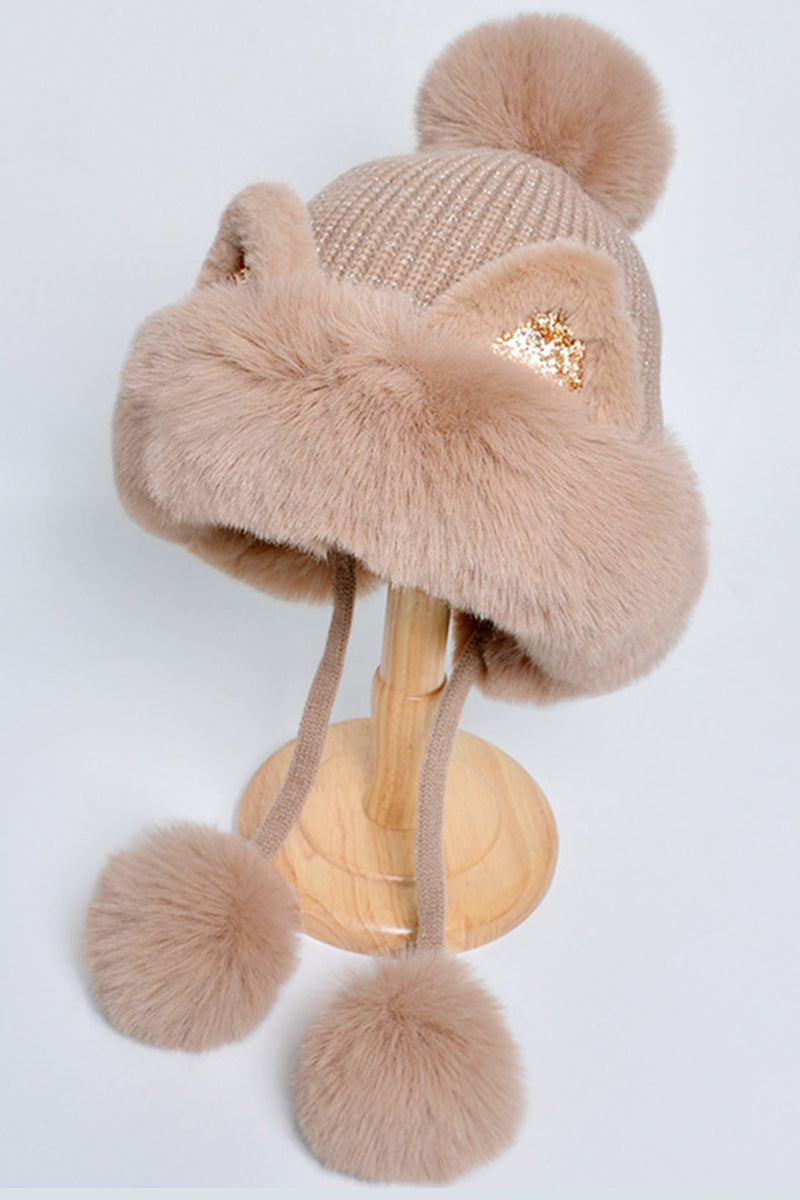 POMPOM CARTOON EAR DECOR FUZZY HAT