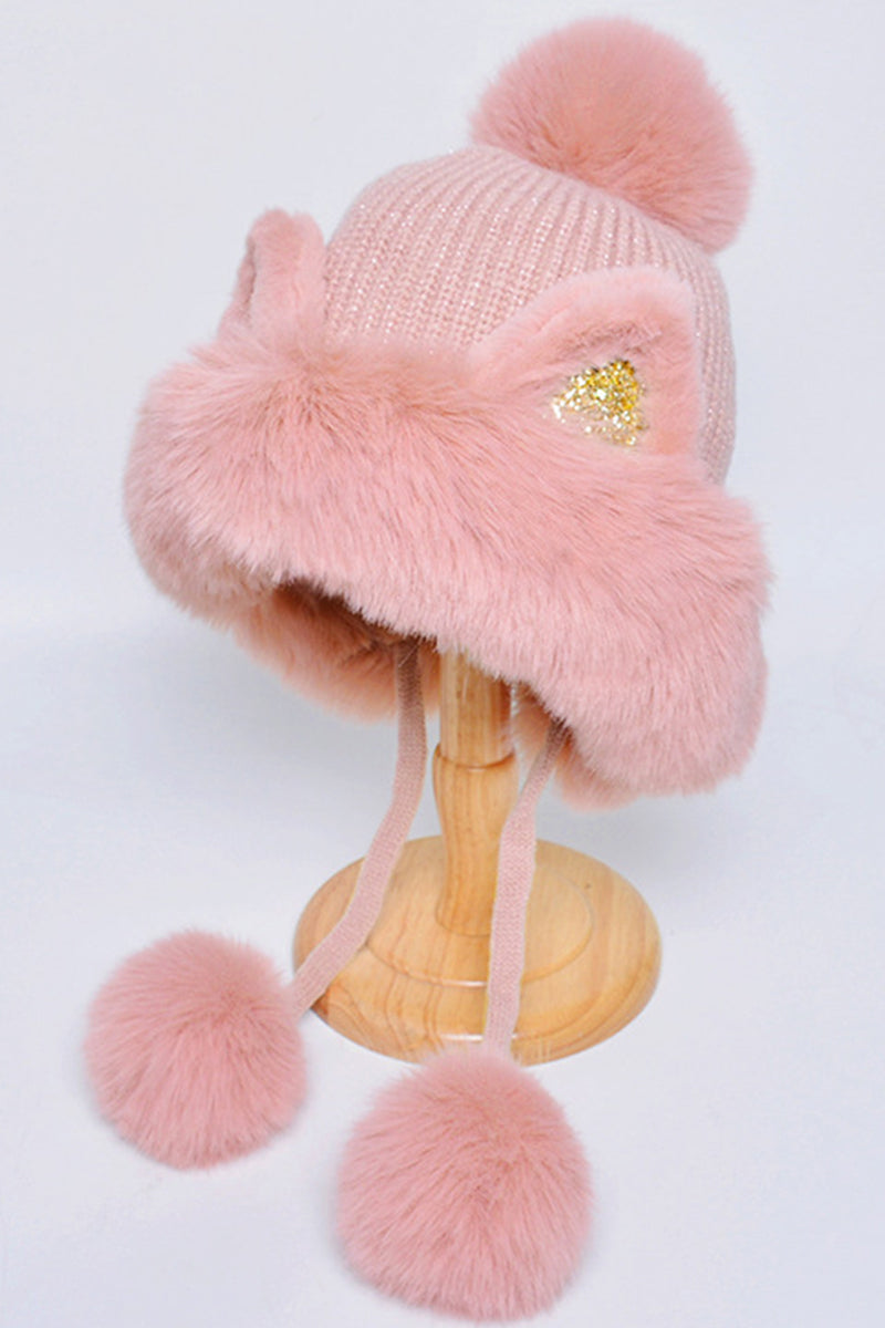 POMPOM CARTOON EAR DECOR FUZZY HAT