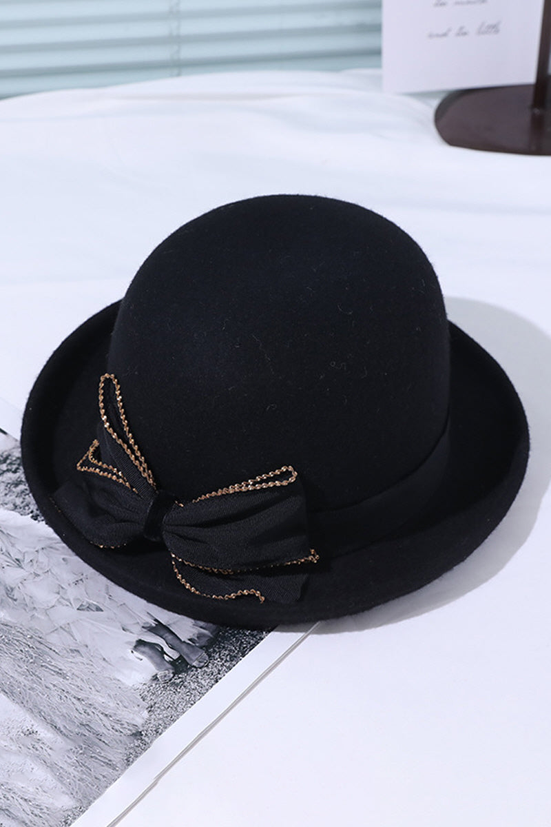 WOMEN AUTUMN AND WINTER CURLING BOW DOME FELT HAT