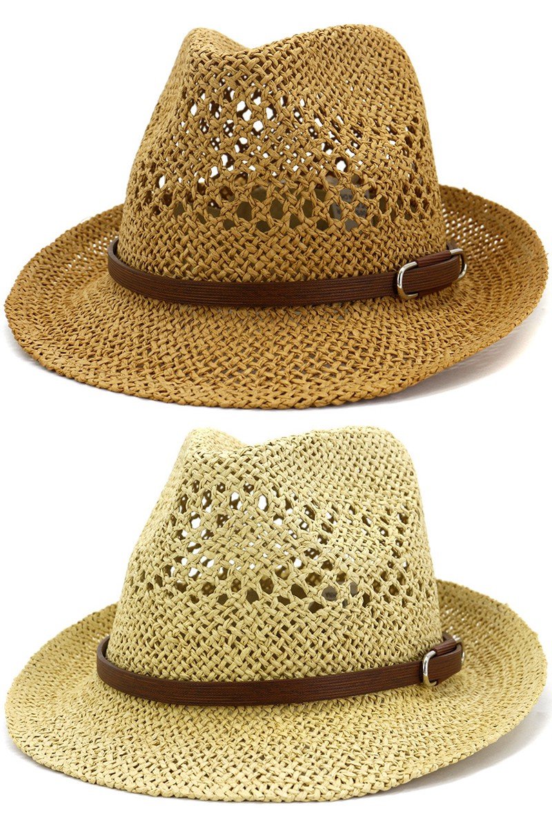 BROWN BELT WOVEN STRAW HAT