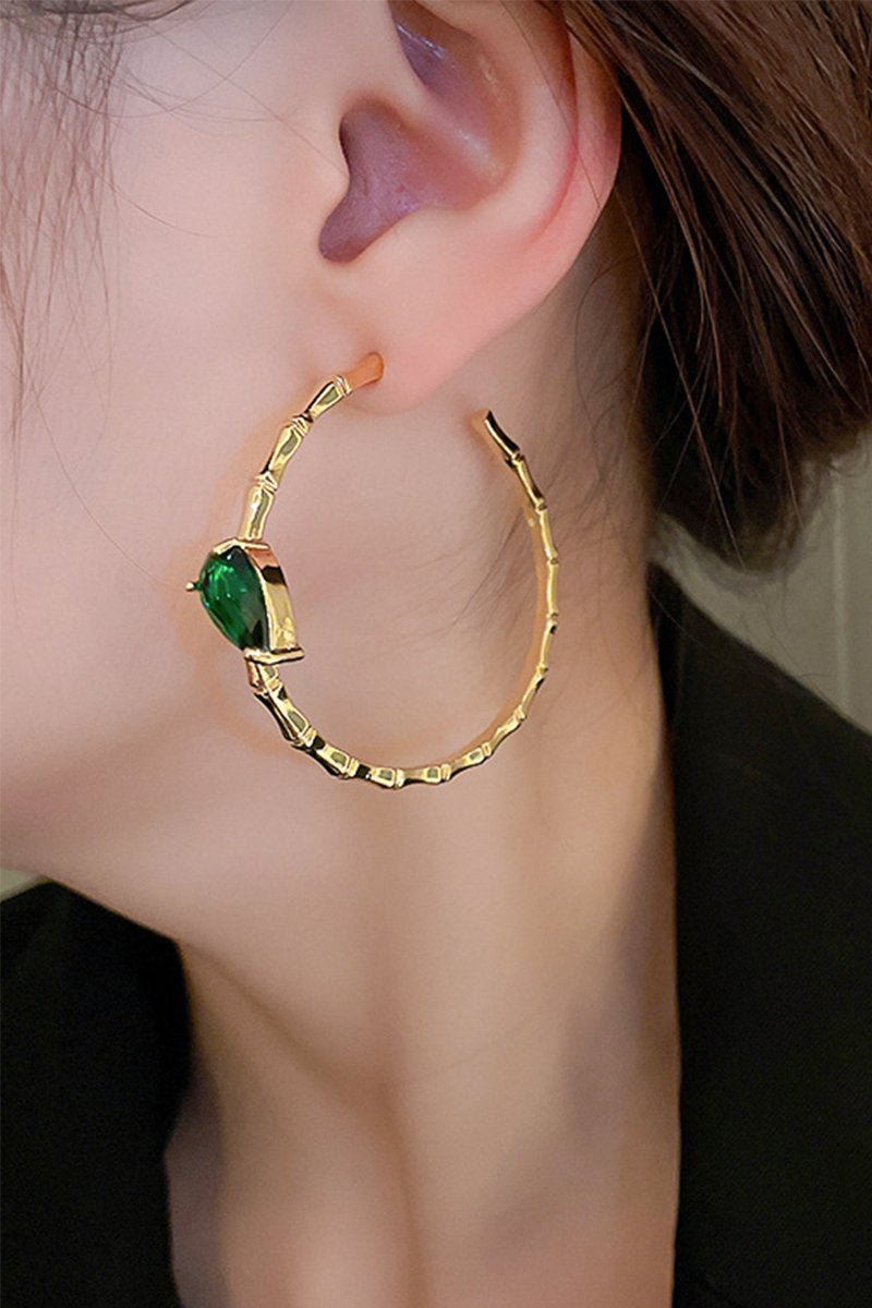 GREEN ZIRCON BAMBOO STYLE HOOP EARRINGS