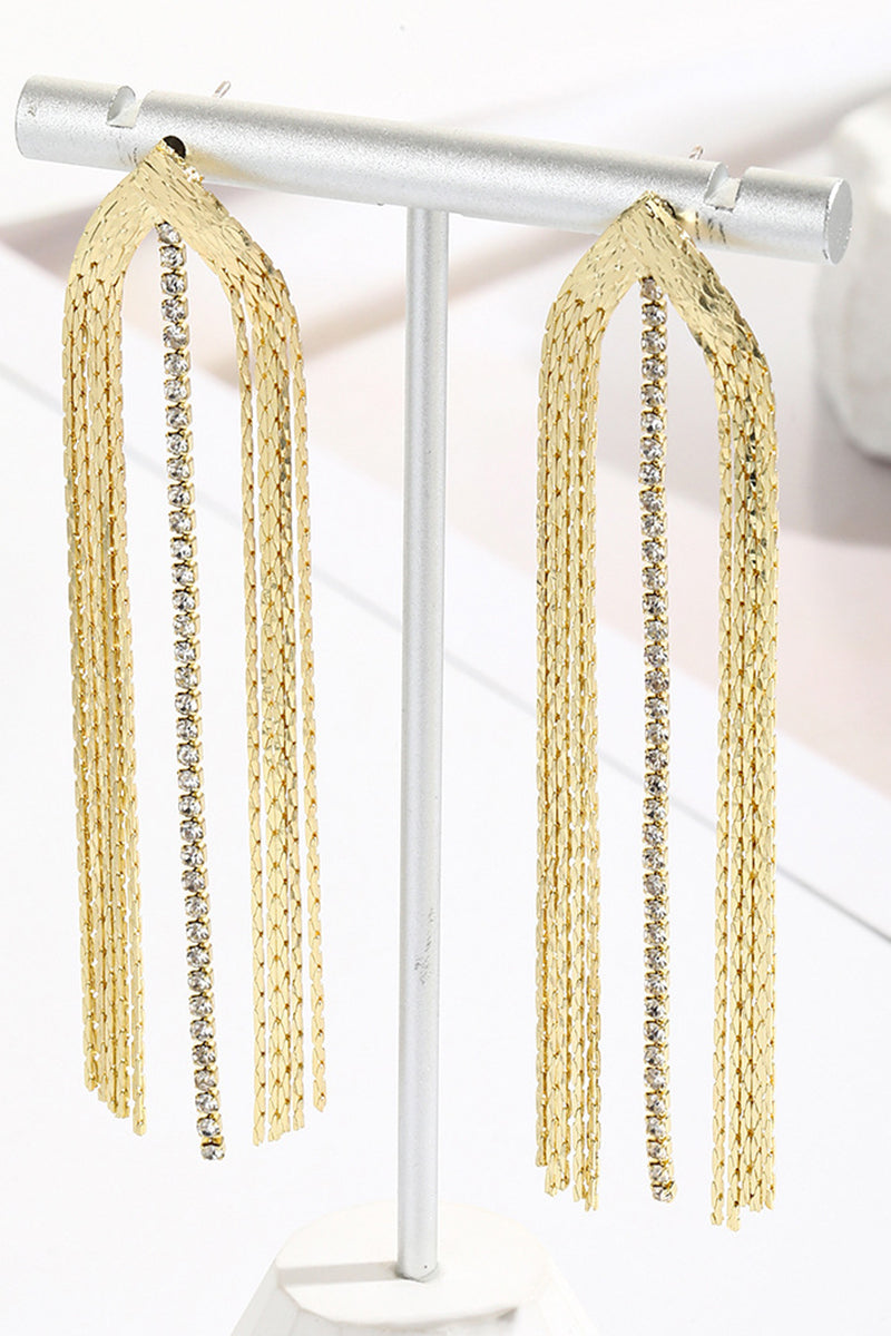 RHINESTONE DECOR METAL TASSEL DROP EARRINGS