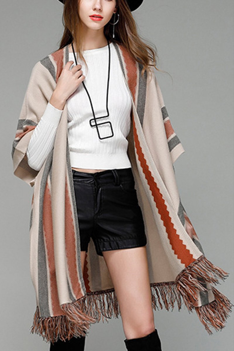 WOMEN OVERSIZED STRIPE PATTERN TASSLE WRAP SHAWL