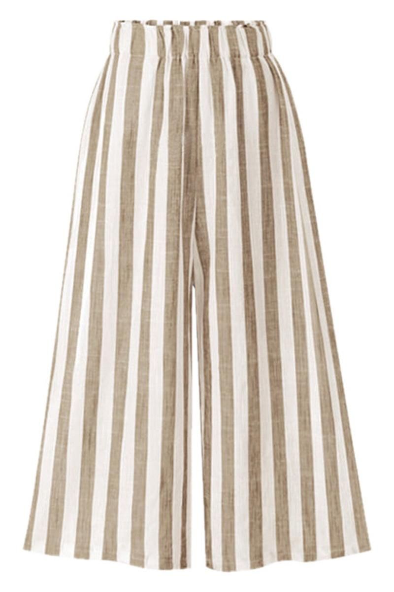 VERTICAL STRIPE ELASTIC WAIST WIDE LEG CAPRANTS - Doublju